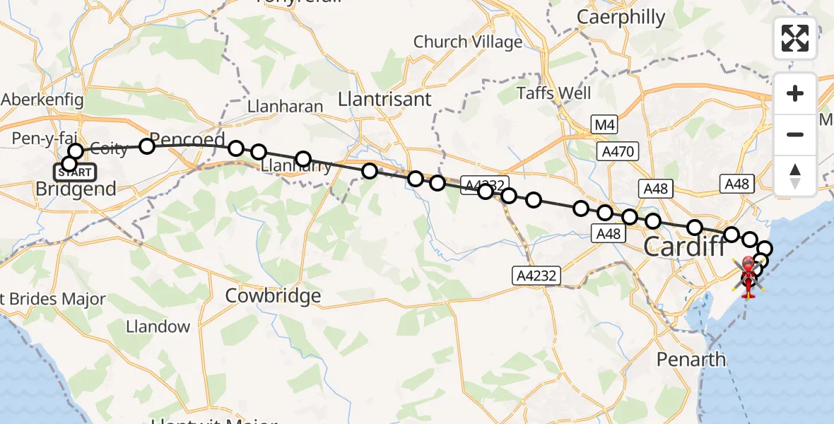 Flight route Air Ambulance Helicopter Bridgend - Cardiff Heliport, 15 September 2026, 17:19