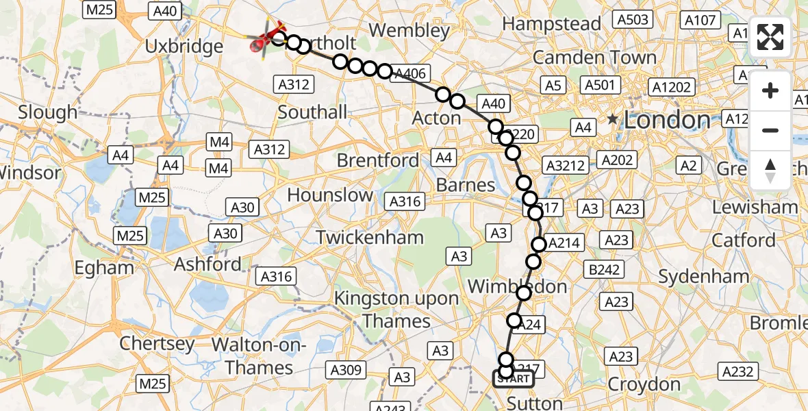 Flight route Air Ambulance Helicopter Benhilton - RAF Northolt, 15 September 2026, 17:28