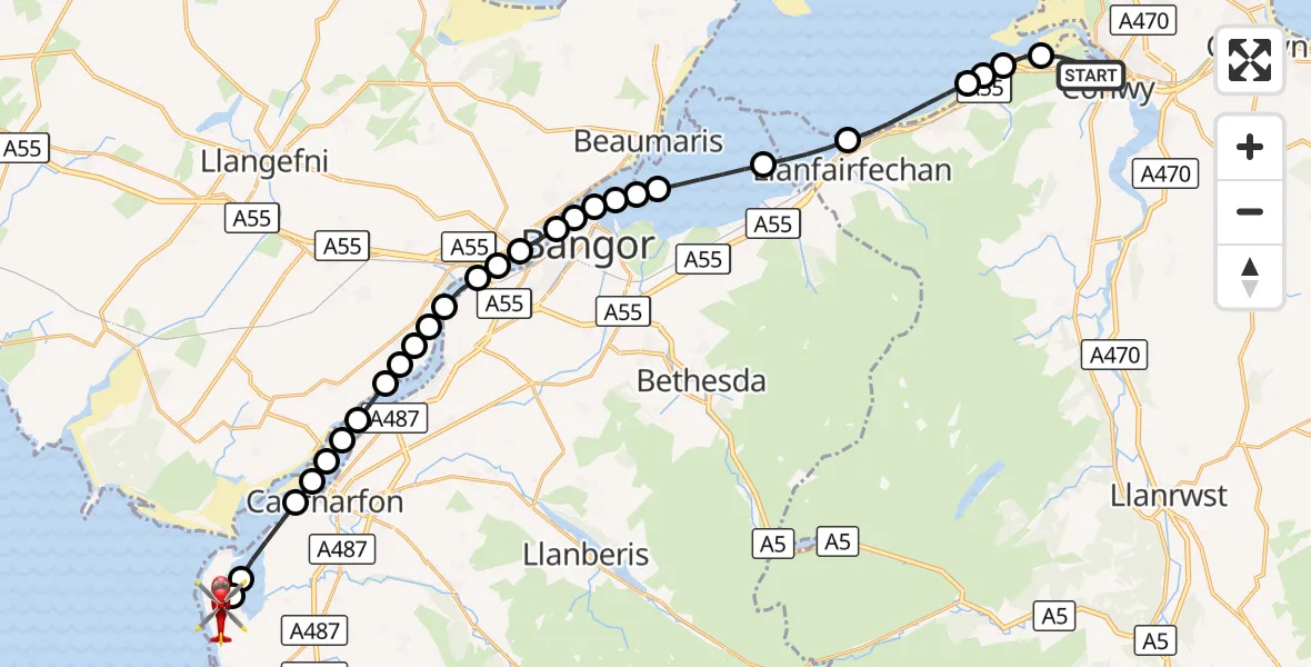Flight route Air Ambulance Helicopter Conwy - Caernarfon Airport, 15 September 2026, 17:34
