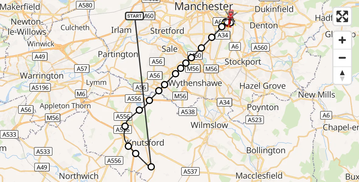 Flight route Air Ambulance Helicopter Manchester Barton Aerodrome - Belle Vue, 15 September 2026, 17:36