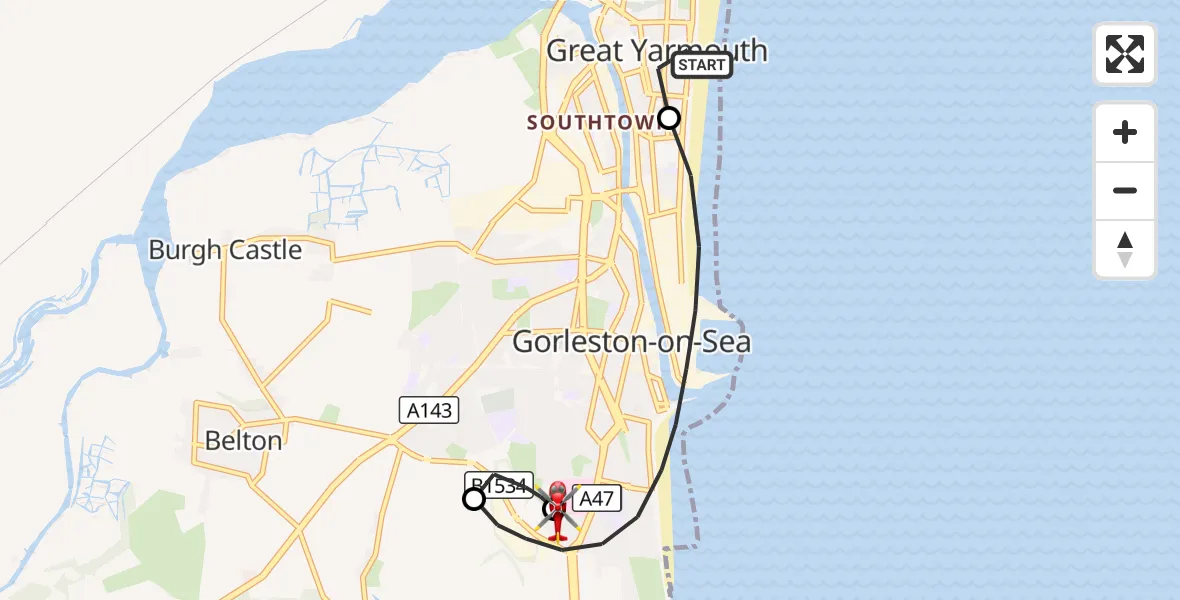 Flight route Air Ambulance Helicopter Great Yarmouth - James Paget Hospital, 15 September 2026, 17:43