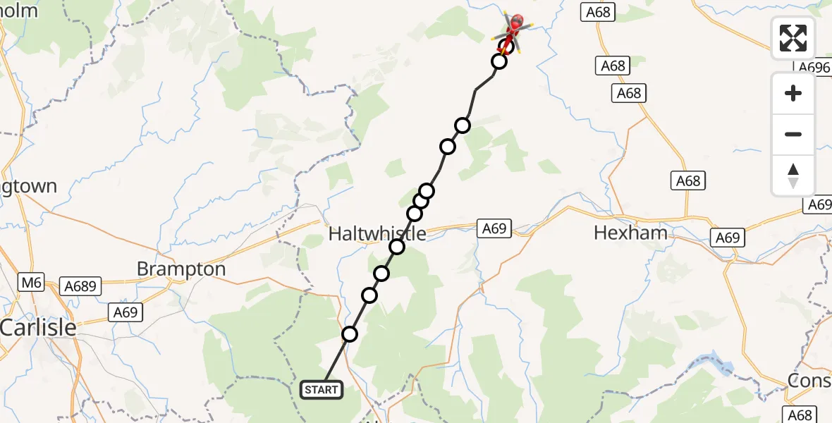 Flight route Air Ambulance Helicopter Slaggyford - Bellingham, 15 September 2026, 17:56