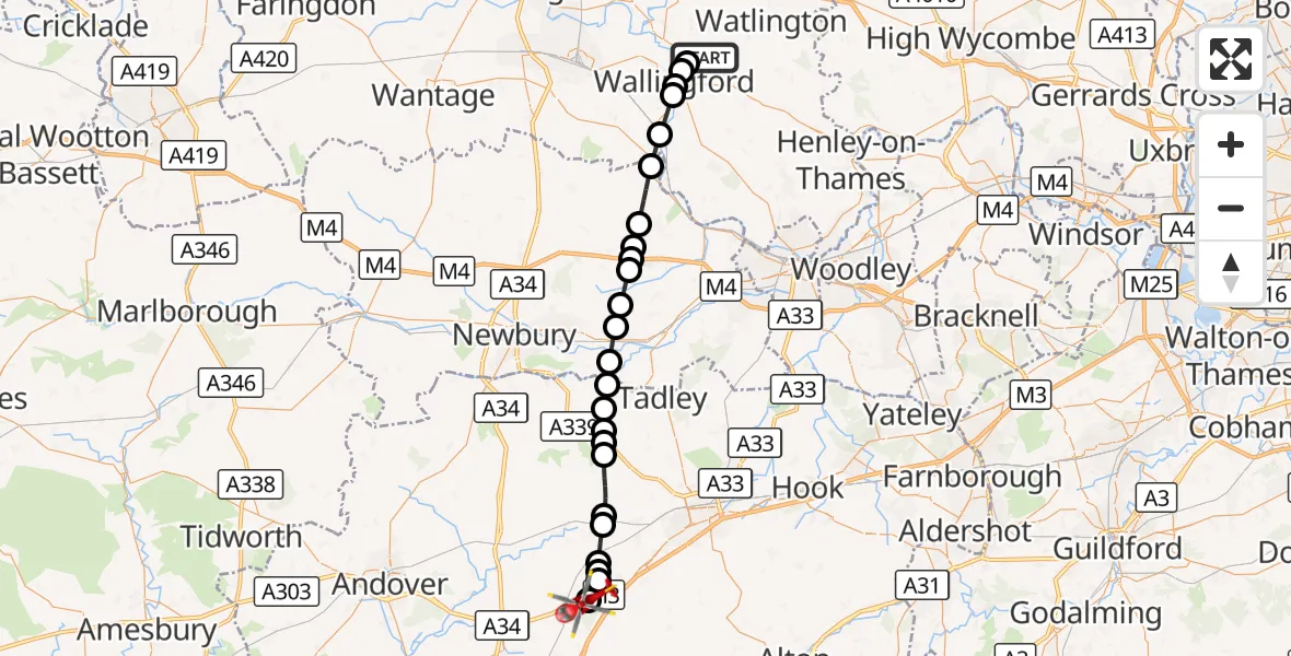 Flight route Air Ambulance Helicopter RAF Benson - Popham Airfield, 15 September 2026, 17:57