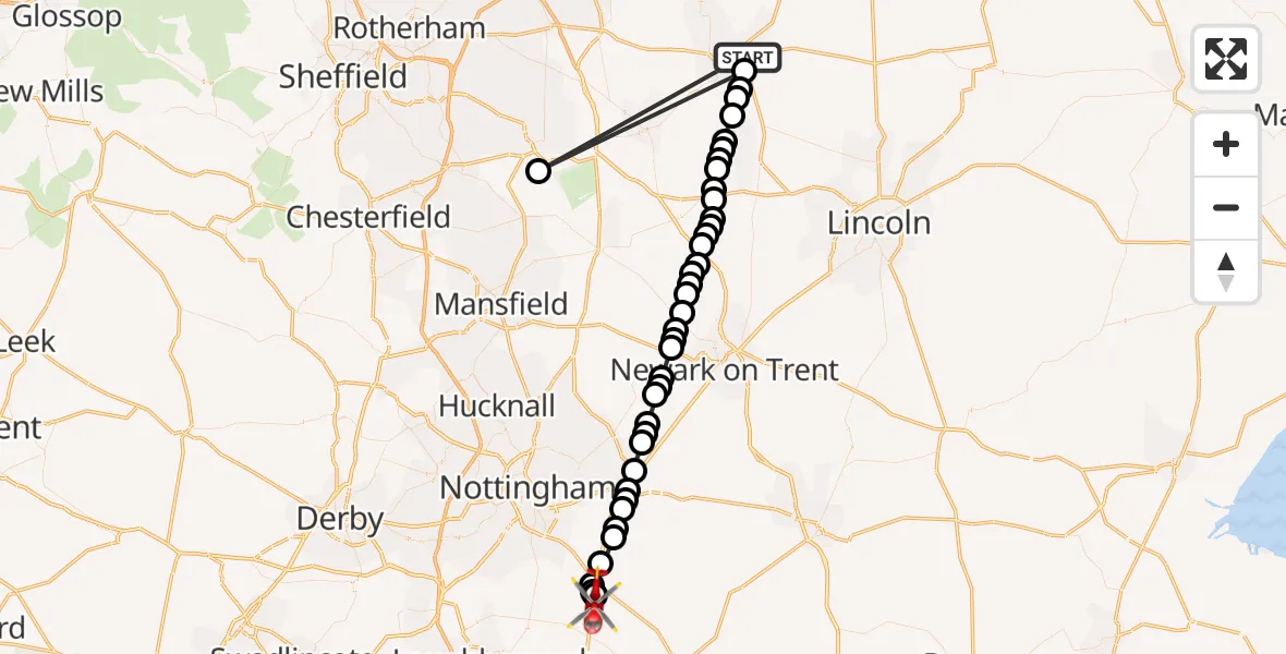 Flight route Air Ambulance Helicopter Gainsborough CP - Nottingham Heliport, 15 September 2026, 17:58