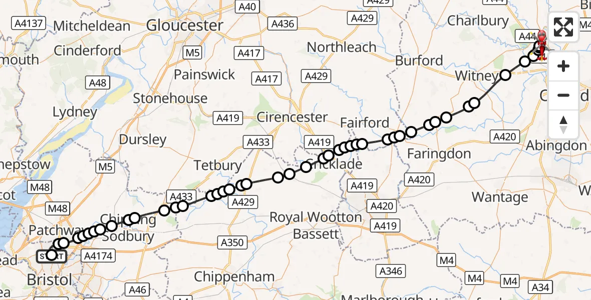 Flight route Air Ambulance Helicopter Southmead Hospital - London Oxford Airport, 15 September 2026, 18:03