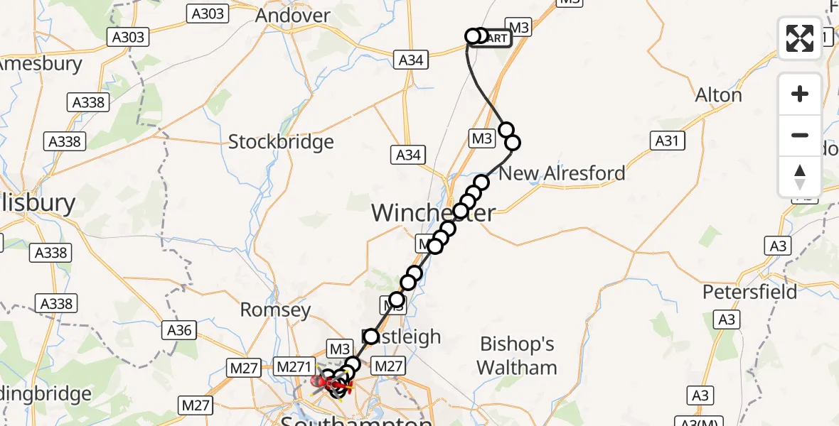 Flight route Air Ambulance Helicopter Popham Airfield - University Hospital Southampton, 15 September 2026, 18:13