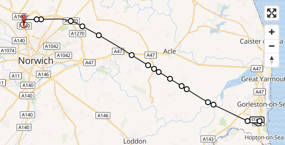 Flight route Air Ambulance Helicopter James Paget Hospital - Norwich Airport, 15 September 2026, 18:17
