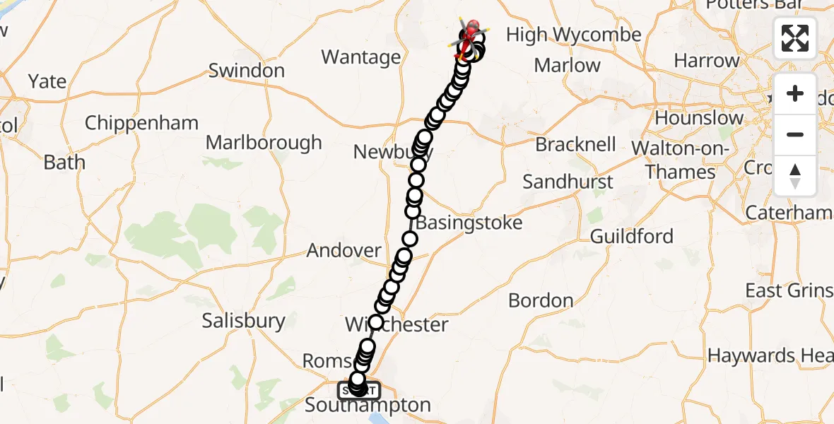 Flight route Air Ambulance Helicopter University Hospital Southampton - RAF Benson, 15 September 2026, 18:31