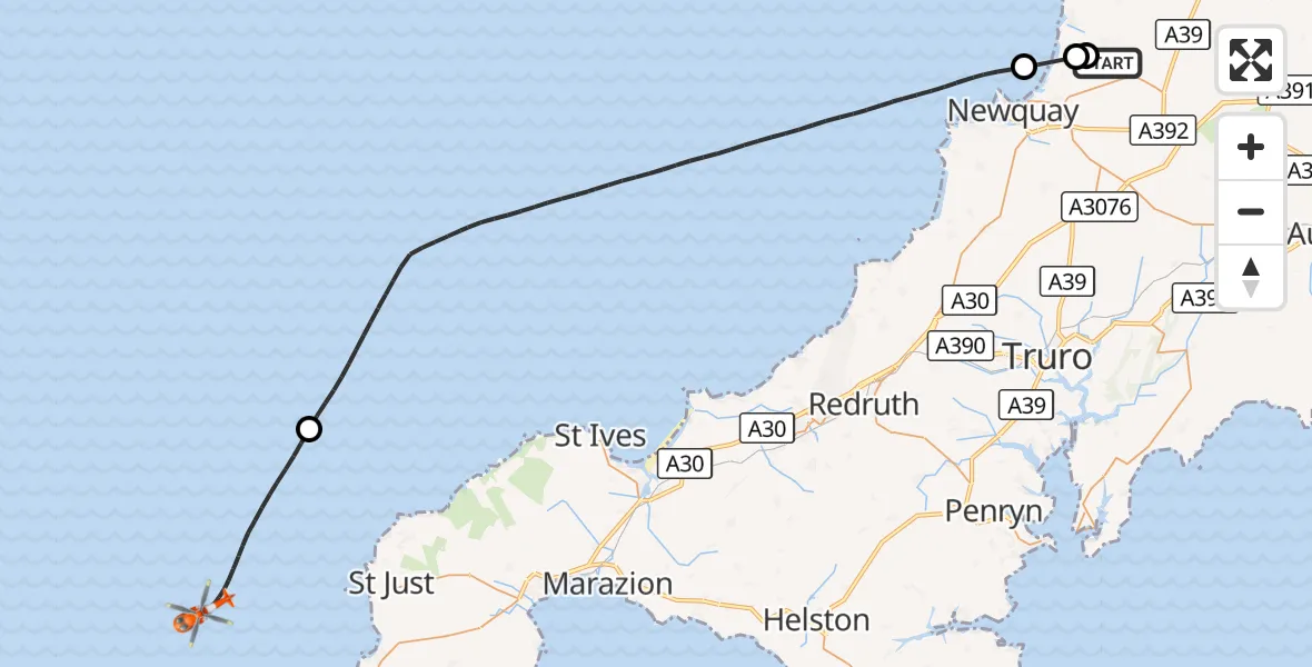 Flight route Coastguard Helicopter Cornwall Airport Newquay - North Atlantic Ocean, 15 September 2026, 18:35