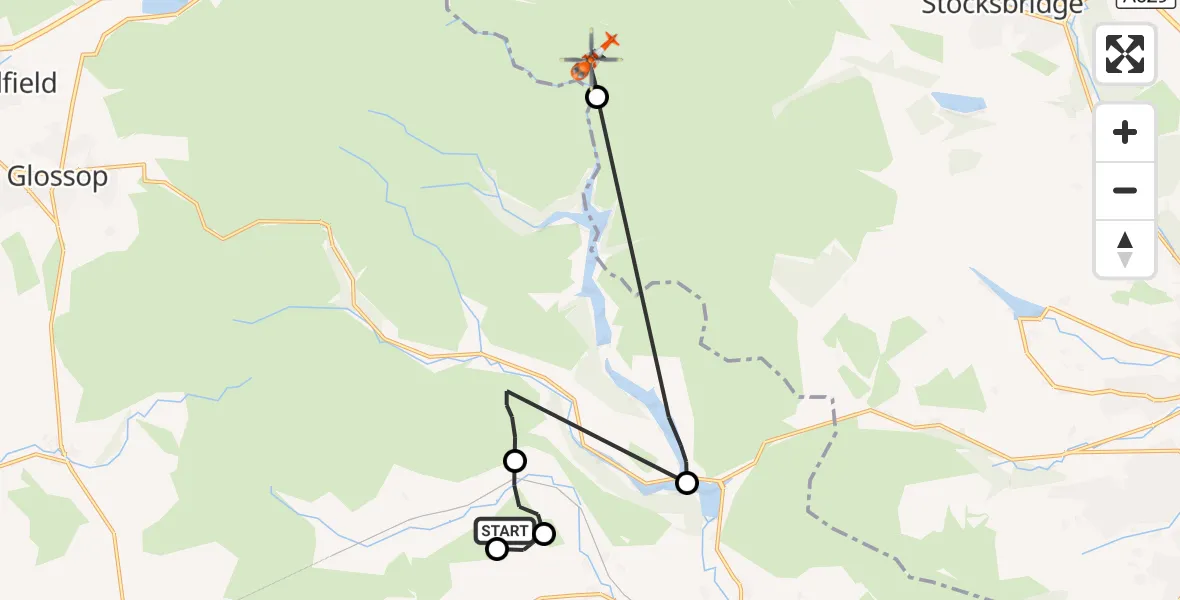 Flight route Coastguard Helicopter High Peak - Bradfield, 15 September 2026, 18:35