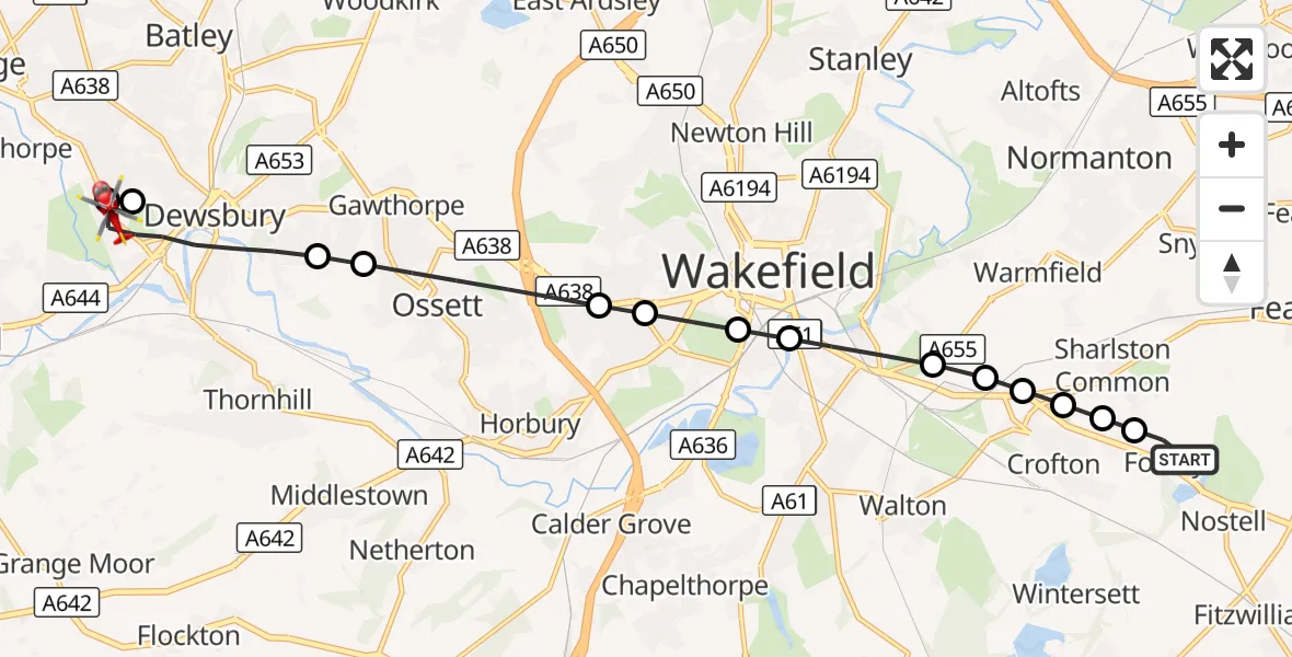 Flight route Air Ambulance Helicopter YAA Nostell Helicopter Port - Dewsbury, 15 September 2026, 18:40