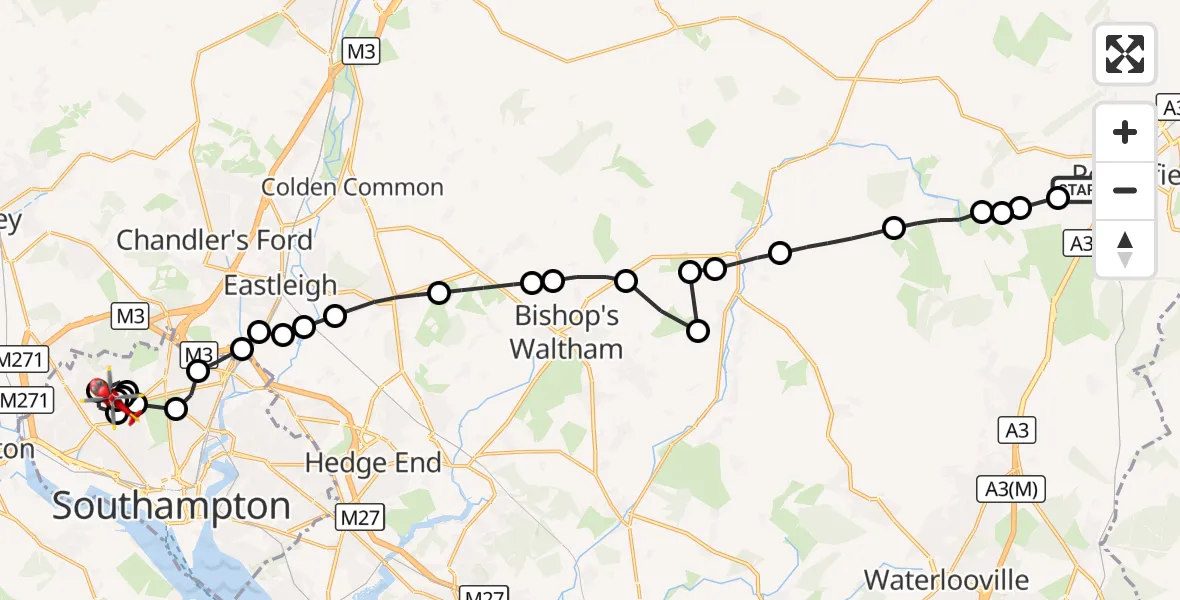 Flight route Air Ambulance Helicopter Buriton - Shirley, 15 September 2026, 18:42
