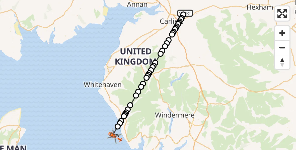 Flight route Coastguard Helicopter Carlisle Lake District Airport - Irish Sea, 15 September 2026, 18:44