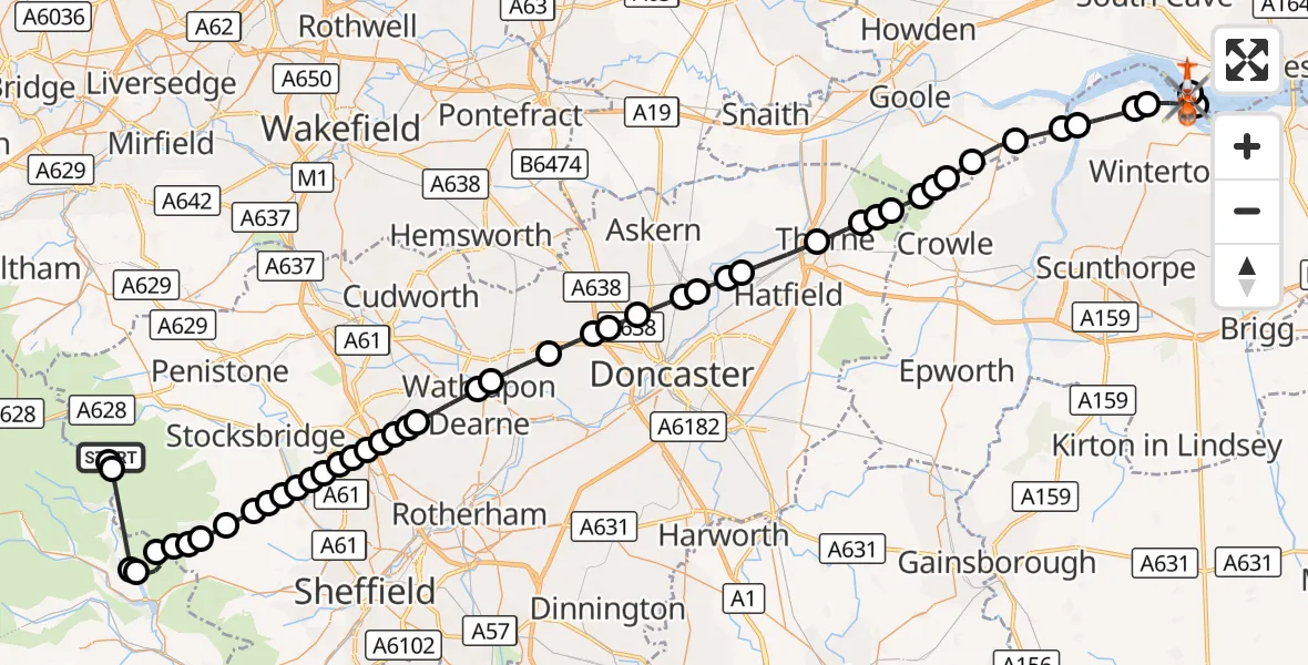 Flight route Coastguard Helicopter Bradfield - Elloughton-cum-Brough, 15 September 2026, 18:52