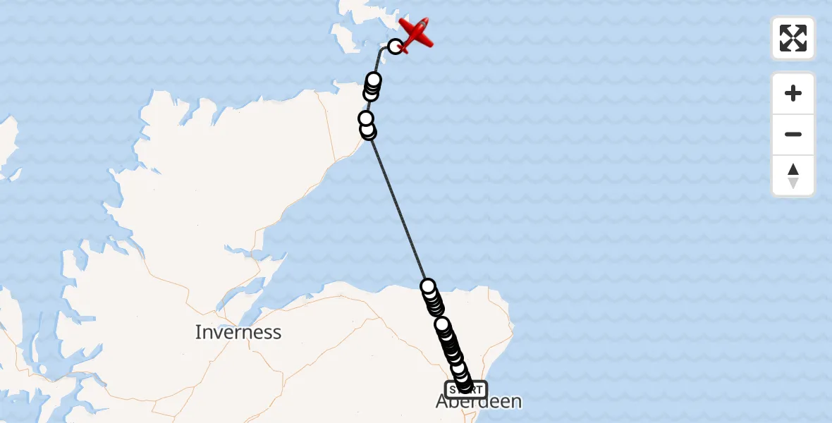 Flight route Air Ambulance Aircraft Aberdeen International Airport - North Sea, 15 September 2026, 19:01