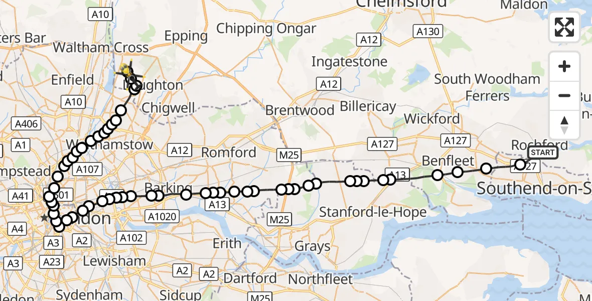 Flight route Police Helicopter London Southend Airport - Metropolitan Police Air Support Unit Lippitts Hill, 15 September 2026, 19:01