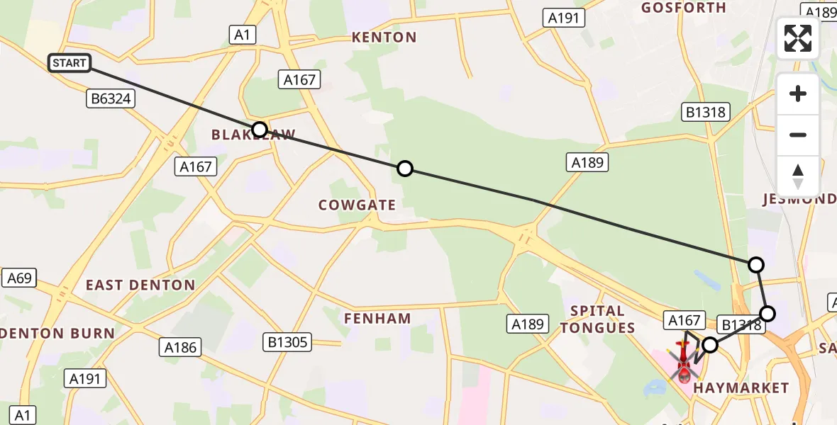 Flight route Air Ambulance Helicopter Woolsington - Newcastle Royal Victoria Infirmary, 15 September 2026, 19:08