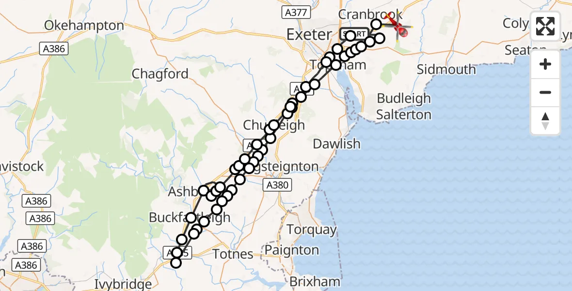 Flight route Air Ambulance Helicopter Exeter International Airport - Whimple, 15 September 2026, 19:22