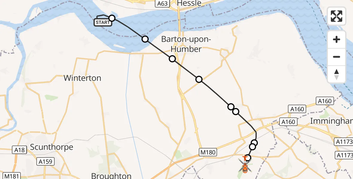 Flight route Coastguard Helicopter Elloughton-cum-Brough - Humberside Airport, 15 September 2026, 19:23