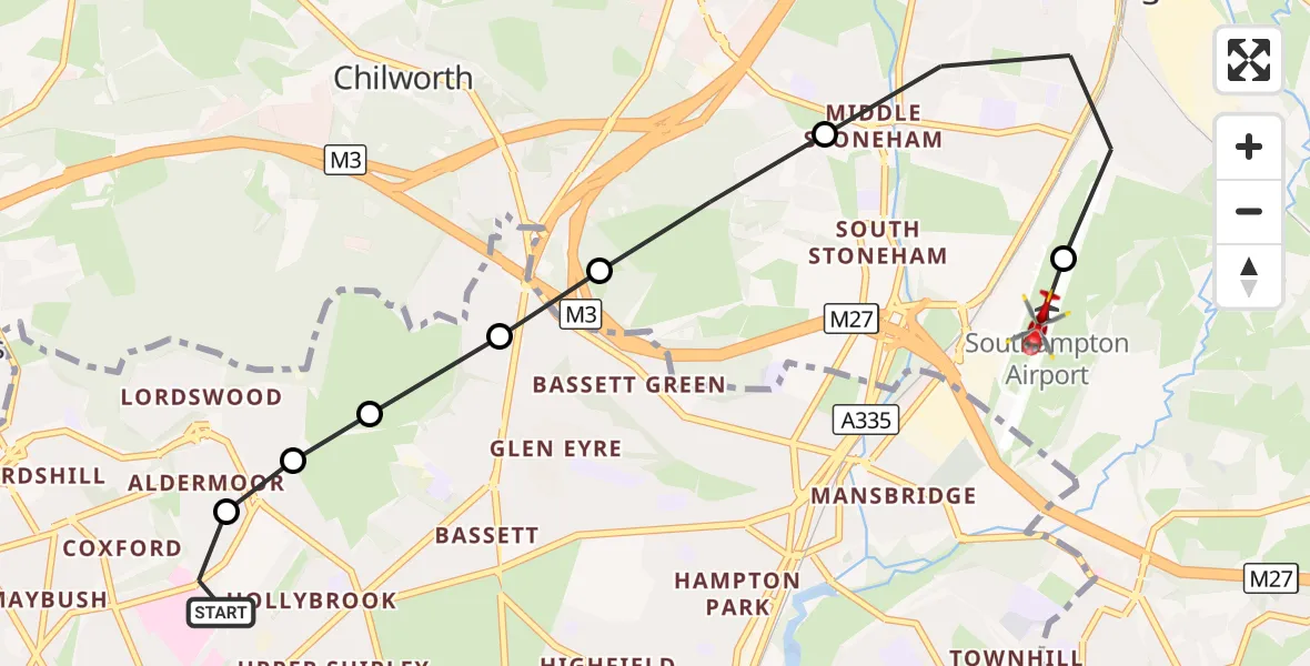 Flight route Air Ambulance Helicopter University Hospital Southampton - Southampton Airport, 15 September 2026, 19:44