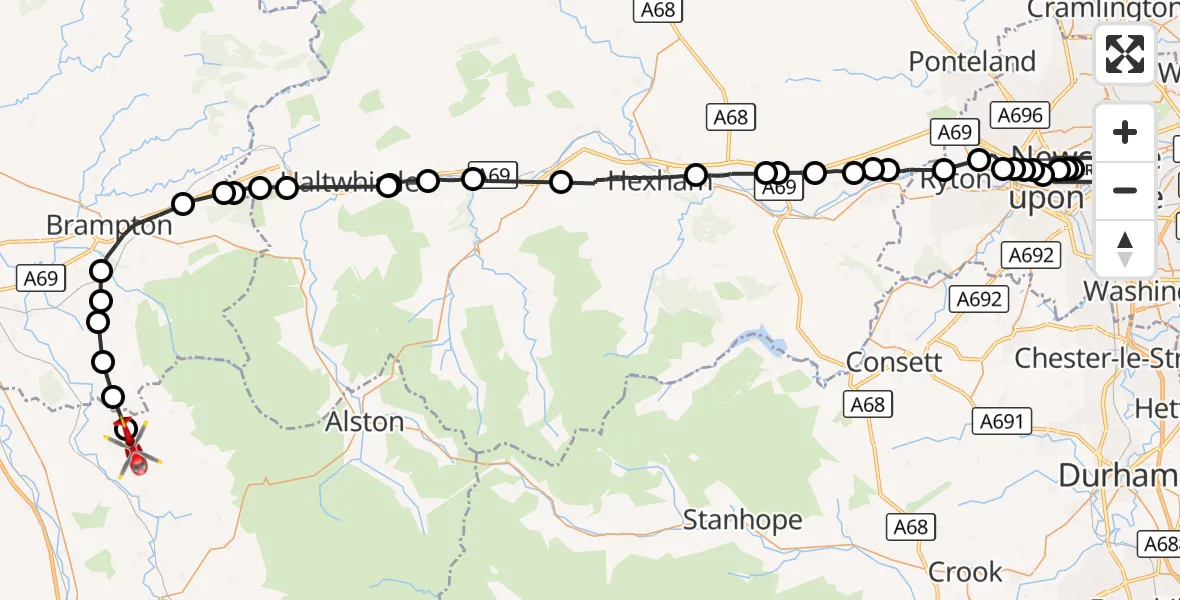Flight route Air Ambulance Helicopter Newcastle Royal Victoria Infirmary - Ainstable, 15 September 2026, 19:55