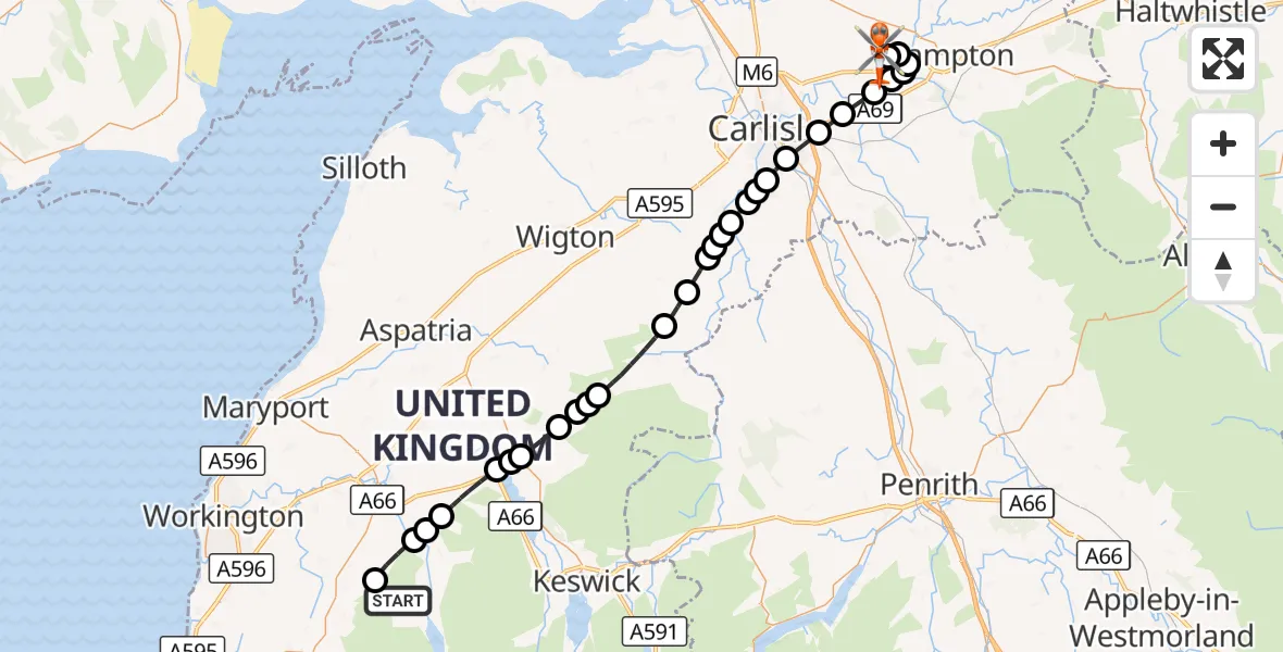 Flight route Coastguard Helicopter Loweswater - Carlisle Lake District Airport, 15 September 2026, 20:05
