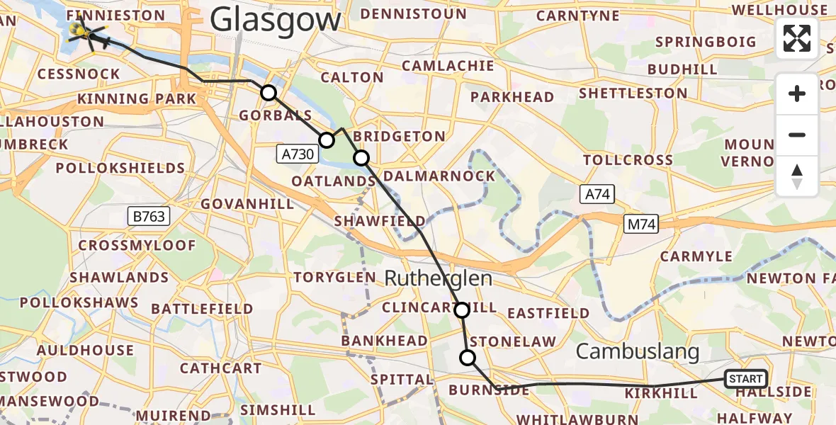 Flight route Police Helicopter Cambuslang - Glasgow Seaplane Terminal, 15 September 2026, 20:05