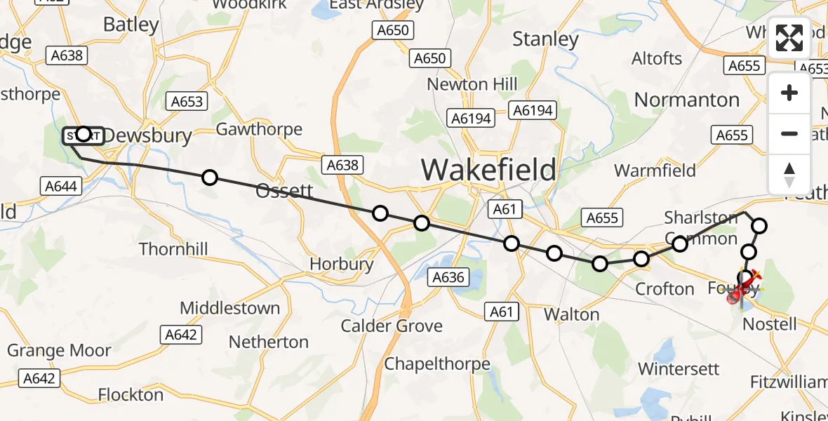 Flight route Air Ambulance Helicopter Dewsbury - YAA Nostell Helicopter Port, 15 September 2026, 20:19