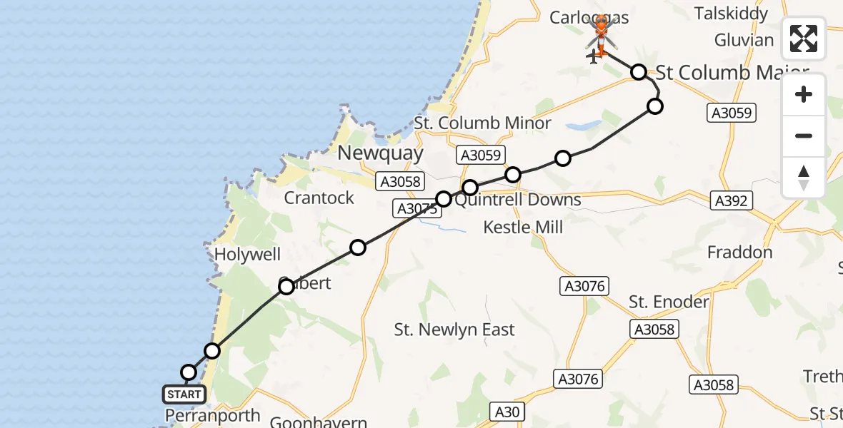 Flight route Coastguard Helicopter Perranporth - Cornwall Airport Newquay, 15 September 2026, 20:23