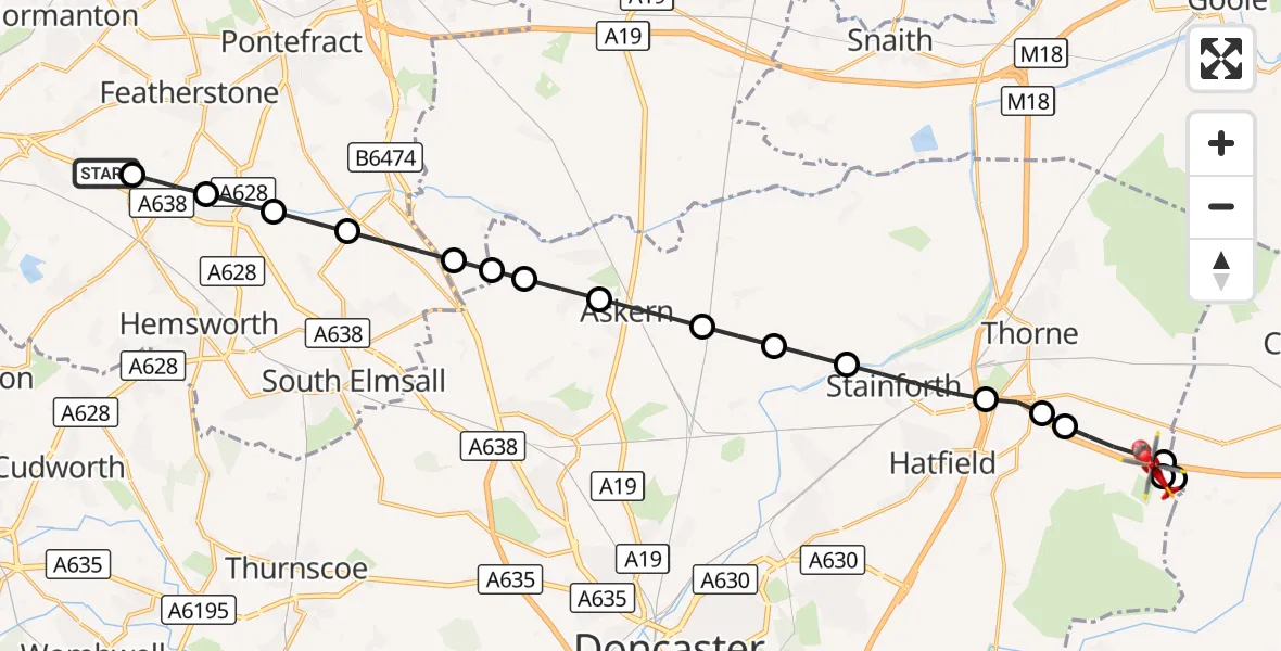 Flight route Air Ambulance Helicopter YAA Nostell Helicopter Port - Hatfield, 15 September 2026, 20:53