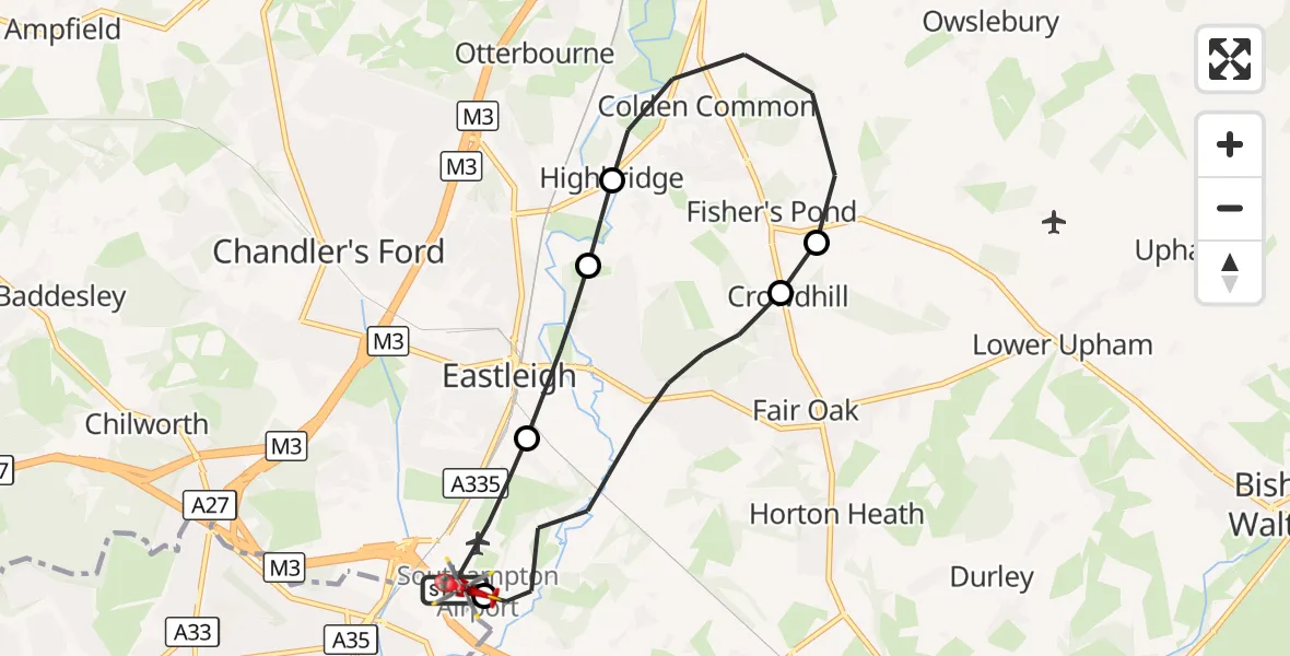 Flight route Air Ambulance Helicopter Southampton Airport - Southampton Airport, 15 September 2026, 21:18