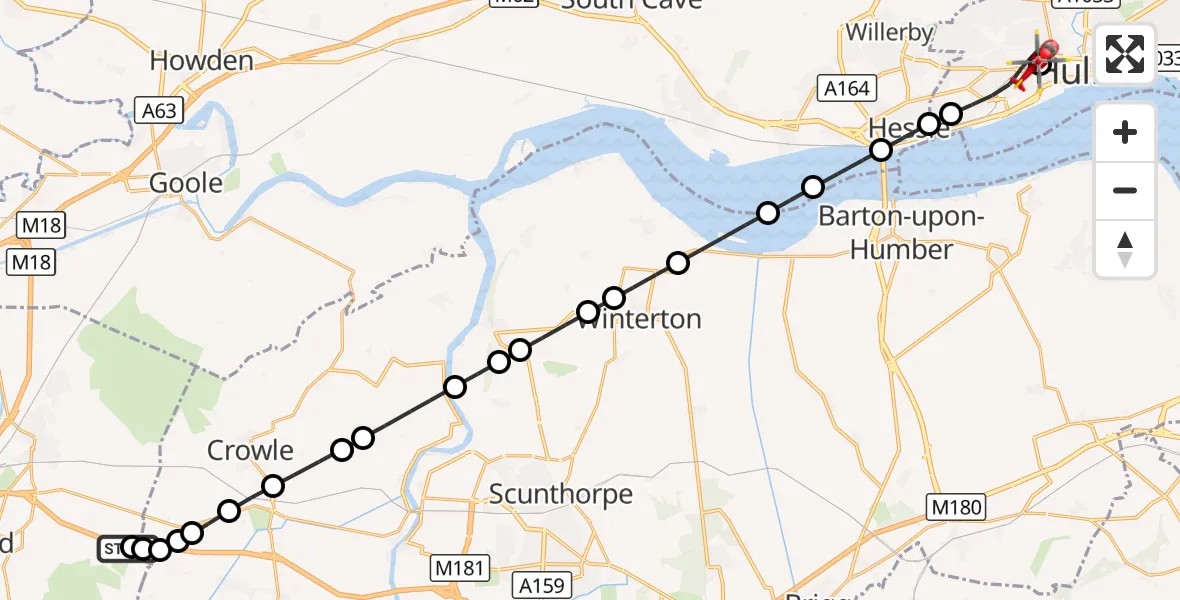 Flight route Air Ambulance Helicopter Thorne - Hull Royal Infirmary, 15 September 2026, 22:04