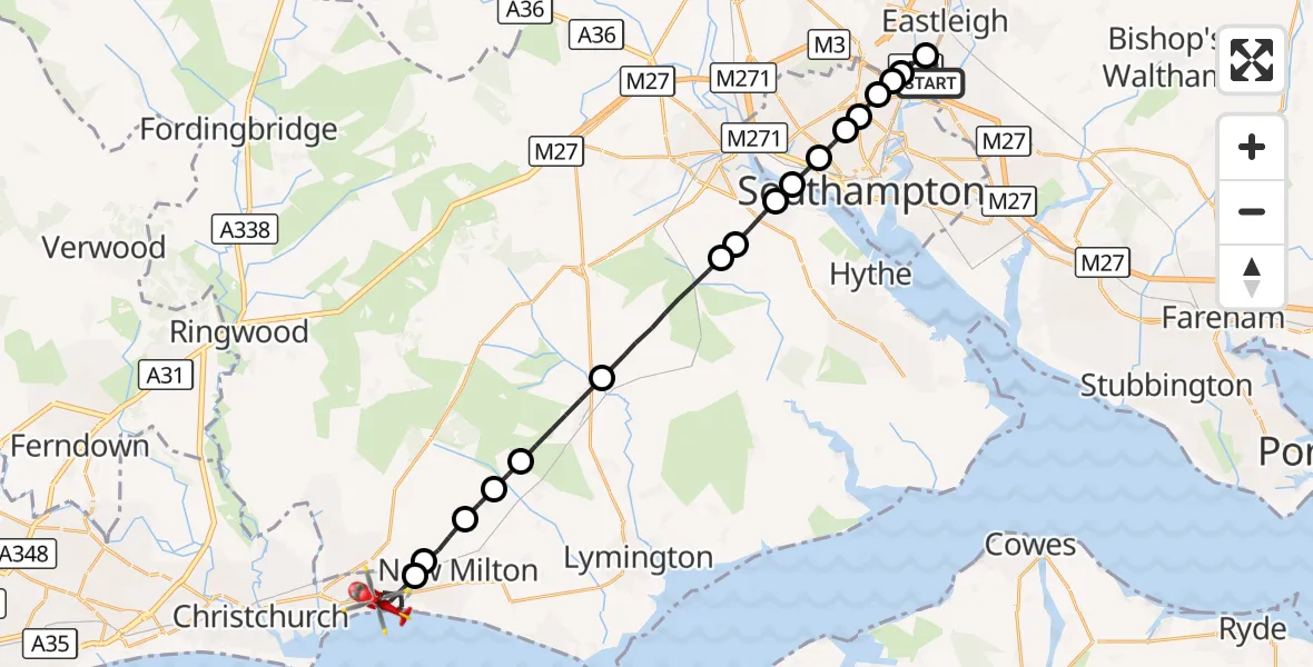 Flight route Air Ambulance Helicopter Southampton Airport - Highcliffe-on-Sea, 15 September 2026, 22:17