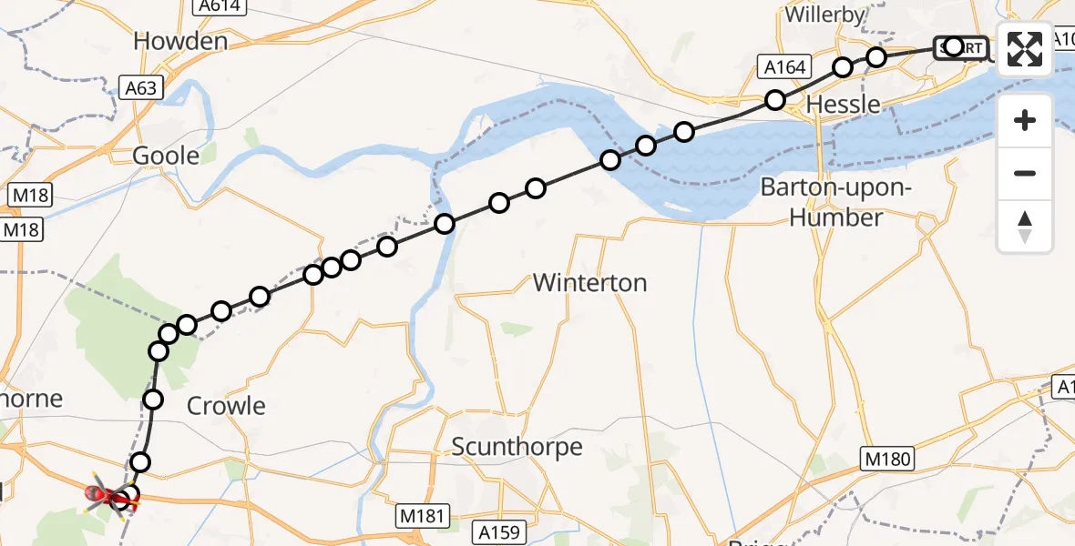 Flight route Air Ambulance Helicopter Hull Royal Infirmary - Hatfield, 15 September 2026, 22:58
