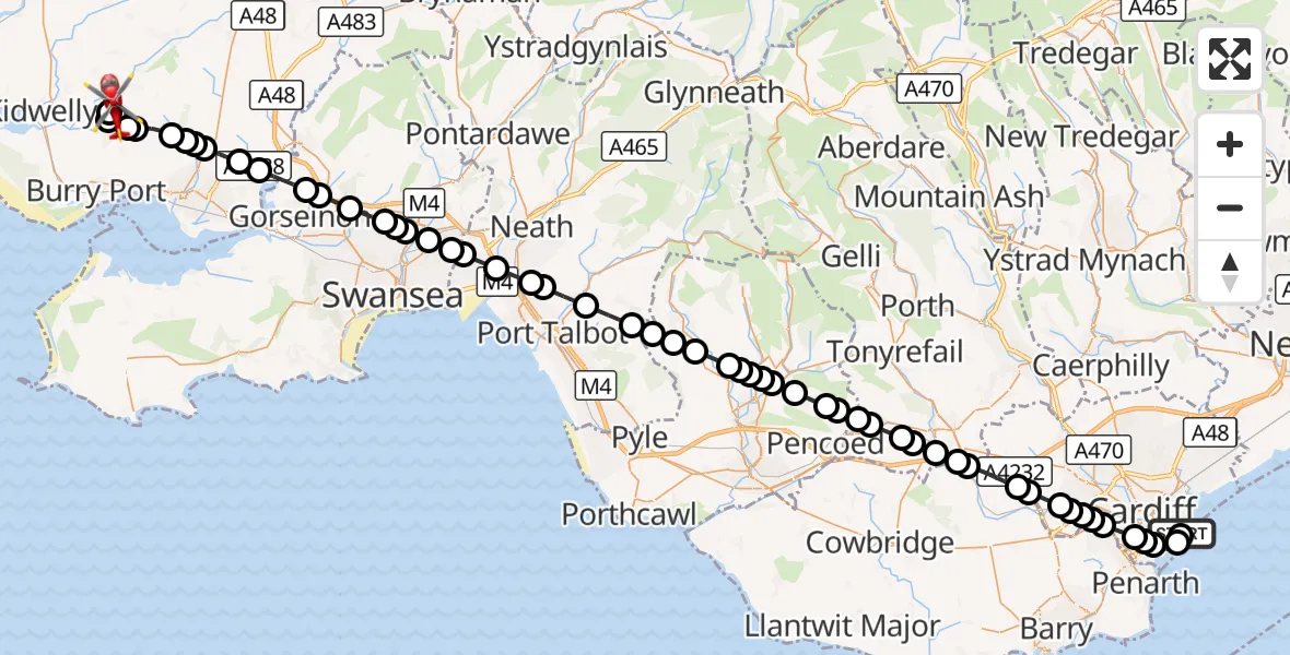 Flight route Air Ambulance Helicopter Cardiff Heliport - Carway, 15 September 2026, 23:02