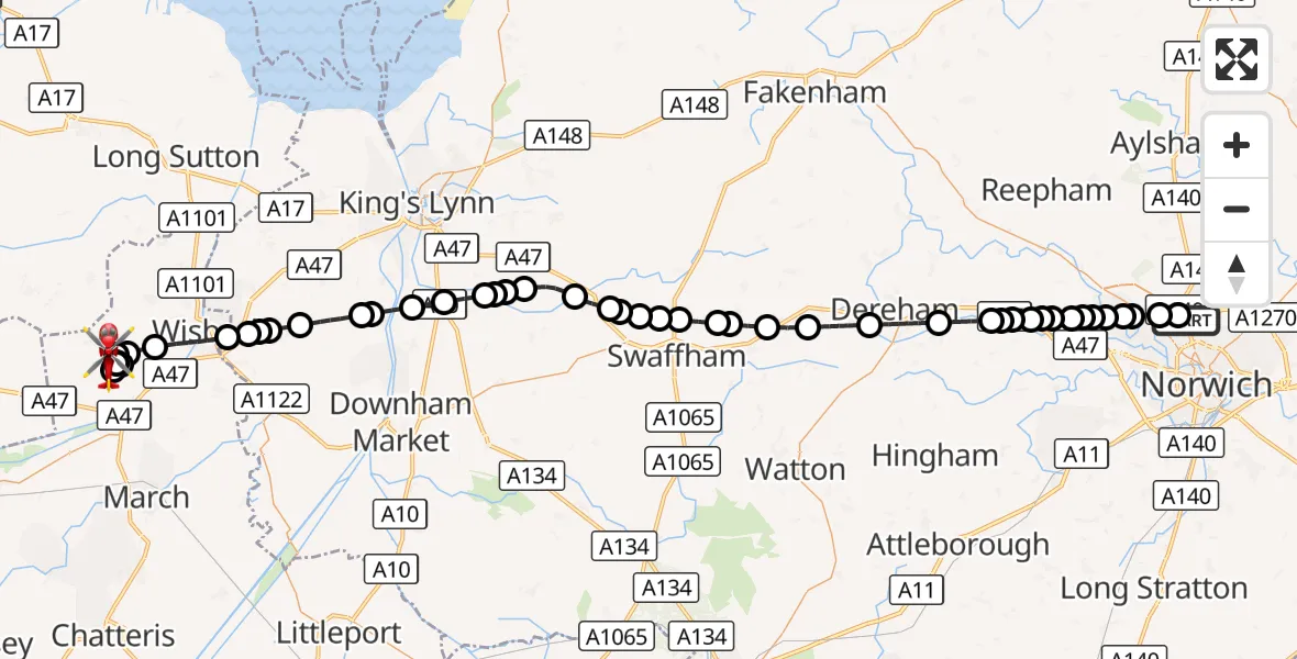 Flight route Air Ambulance Helicopter Norwich Airport - Parson Drove, 15 September 2026, 23:03