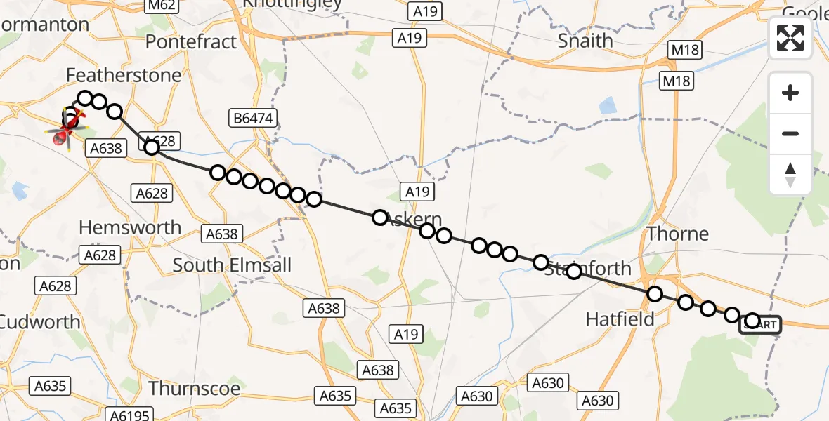 Flight route Air Ambulance Helicopter Thorne - YAA Nostell Helicopter Port, 15 September 2026, 23:30
