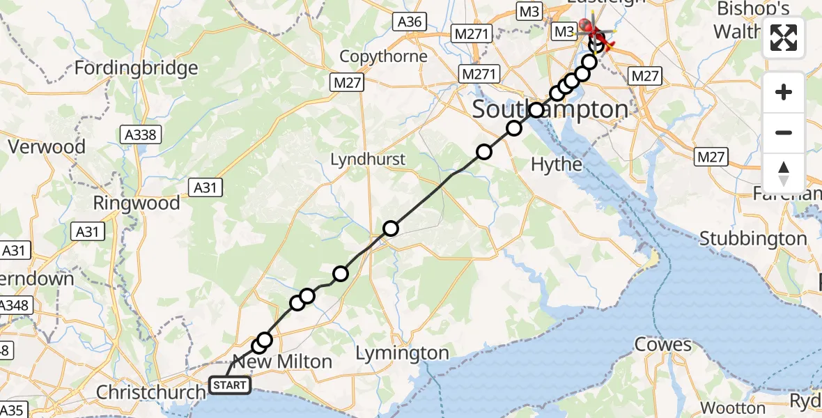 Flight route Air Ambulance Helicopter Highcliffe-on-Sea - Southampton Airport, 16 September 2026, 00:24