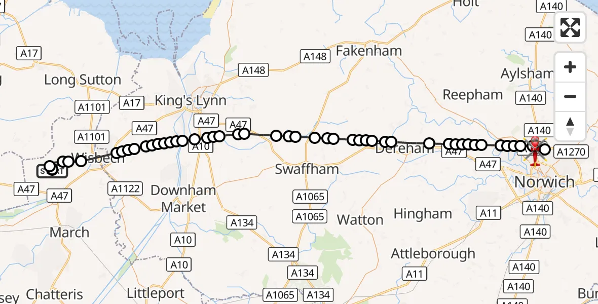 Flight route Air Ambulance Helicopter Murrow - Norwich Airport, 16 September 2026, 00:39