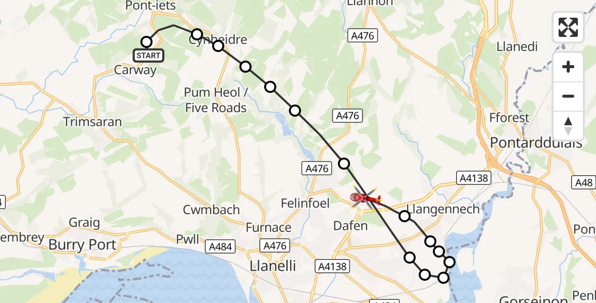 Flight route Air Ambulance Helicopter Carway - Dafen, 16 September 2026, 00:57