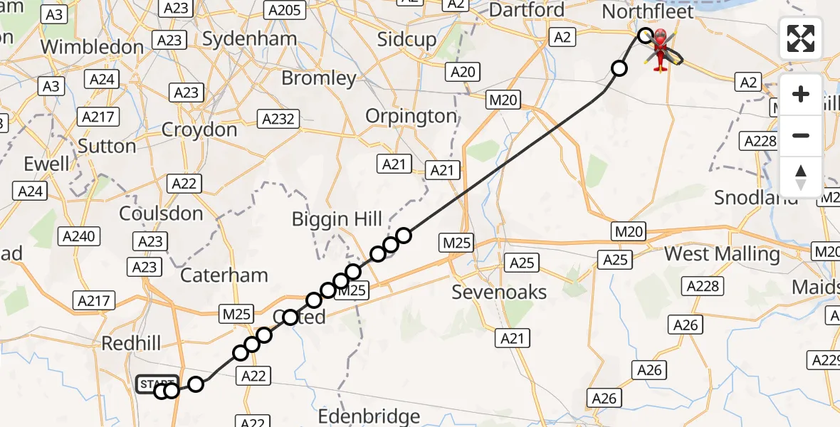 Flight route Air Ambulance Helicopter Redhill Aerodrome - Northfleet, 16 September 2026, 06:38