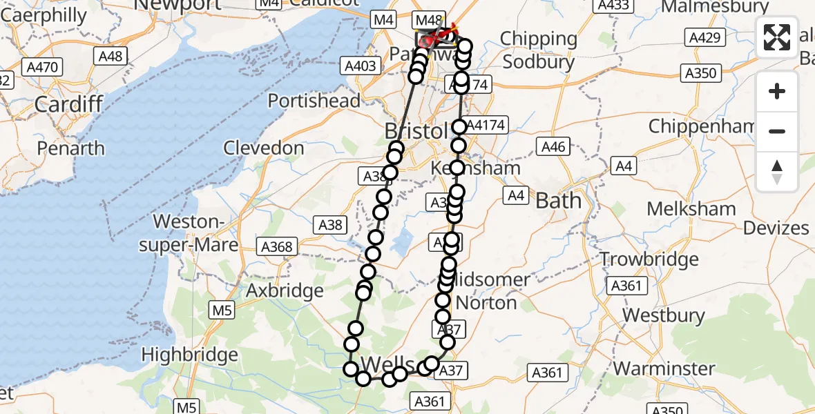 Flight route Air Ambulance Helicopter Almondsbury Helicopter Base - Almondsbury Helicopter Base, 16 September 2026, 06:54