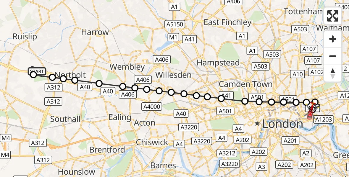 Flight route Air Ambulance Helicopter RAF Northolt - Royal London Hospital, 16 September 2026, 06:55