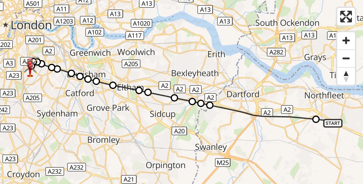 Flight route Air Ambulance Helicopter Northfleet - Kings College London Hospital, 16 September 2026, 07:42