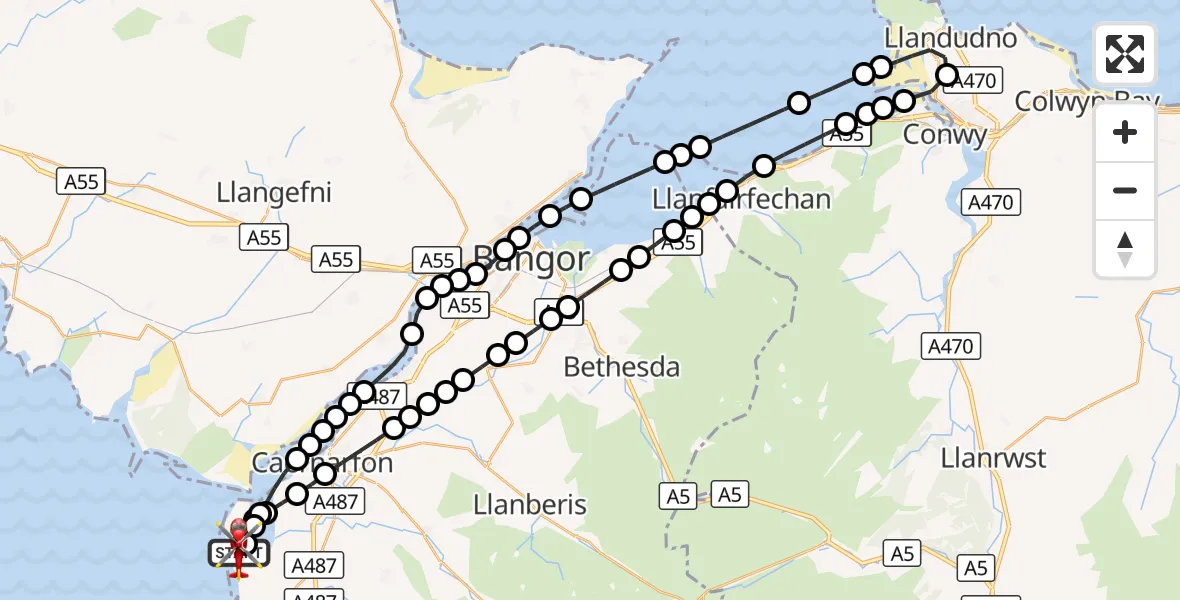 Flight route Air Ambulance Helicopter Caernarfon Airport - Caernarfon Airport, 16 September 2026, 09:01