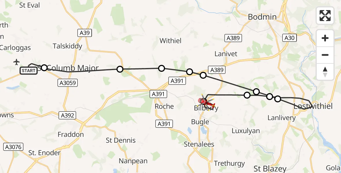 Flight route Air Ambulance Helicopter Cornwall Airport Newquay - Bugle, 16 September 2026, 09:13