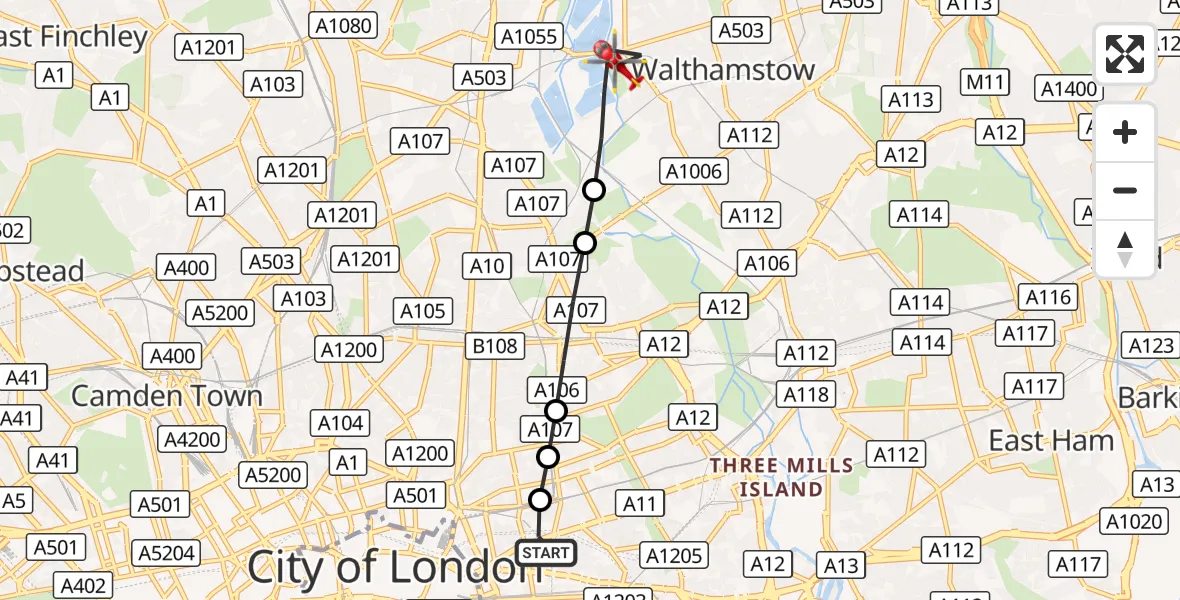 Flight route Air Ambulance Helicopter Royal London Hospital - Waltham Forest, 16 September 2026, 09:24