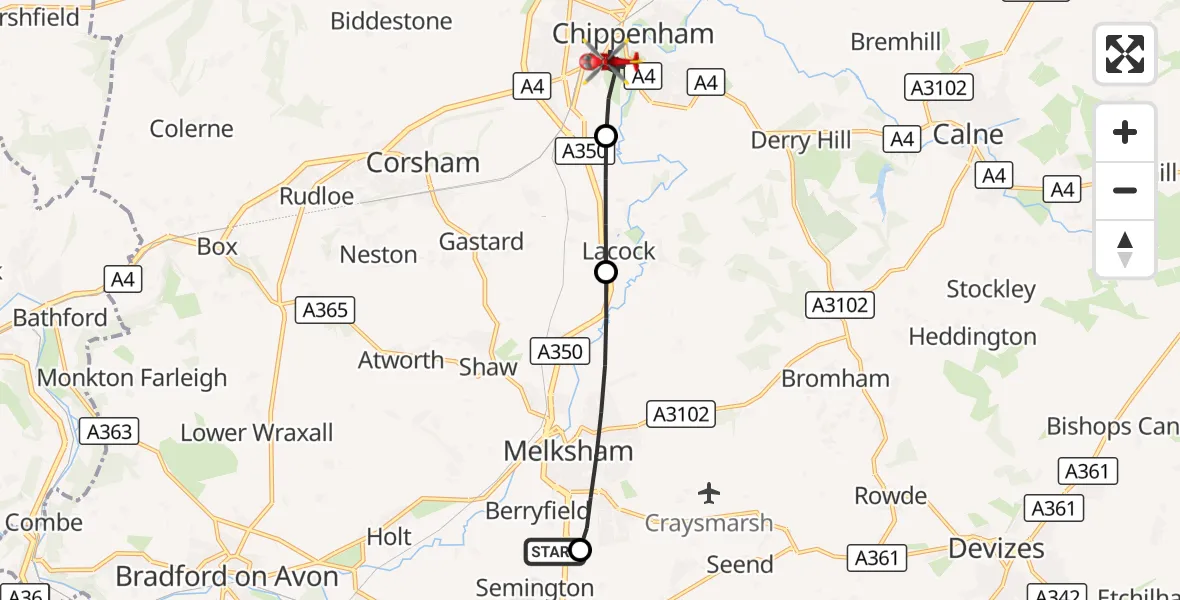 Flight route Air Ambulance Helicopter Wiltshire Air Ambulance - Chippenham, 16 September 2026, 09:31