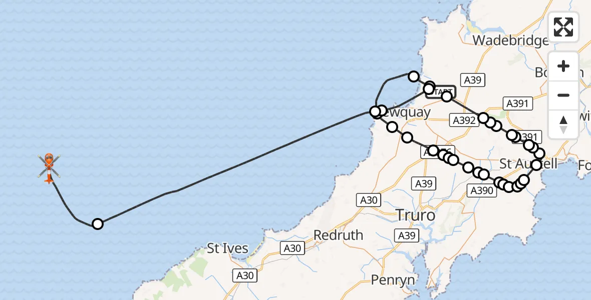 Flight route Coastguard Helicopter Cornwall Airport Newquay - North Atlantic Ocean, 16 September 2026, 09:43