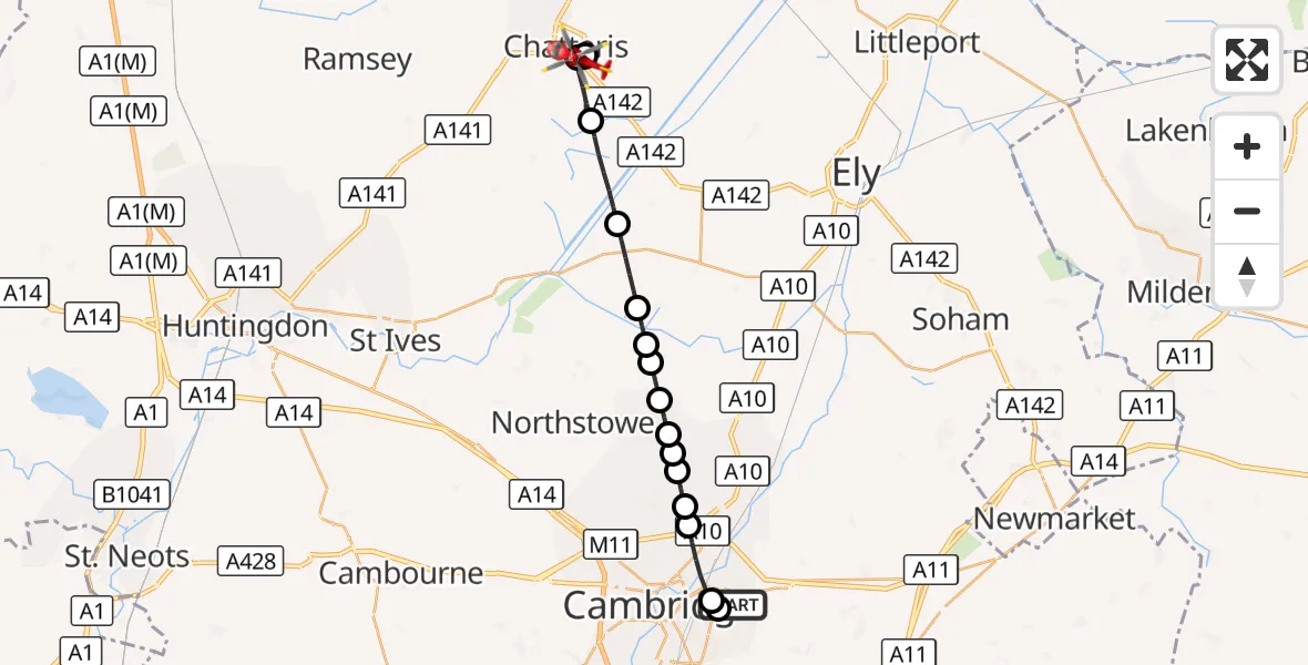 Flight route Air Ambulance Helicopter Cambridge City Airport - Manea, 16 September 2026, 09:46